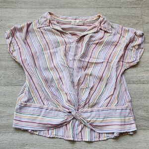Lou & Grey For Loft Striped Twist Front Shirt Womens Medium Short Sleeve Beach